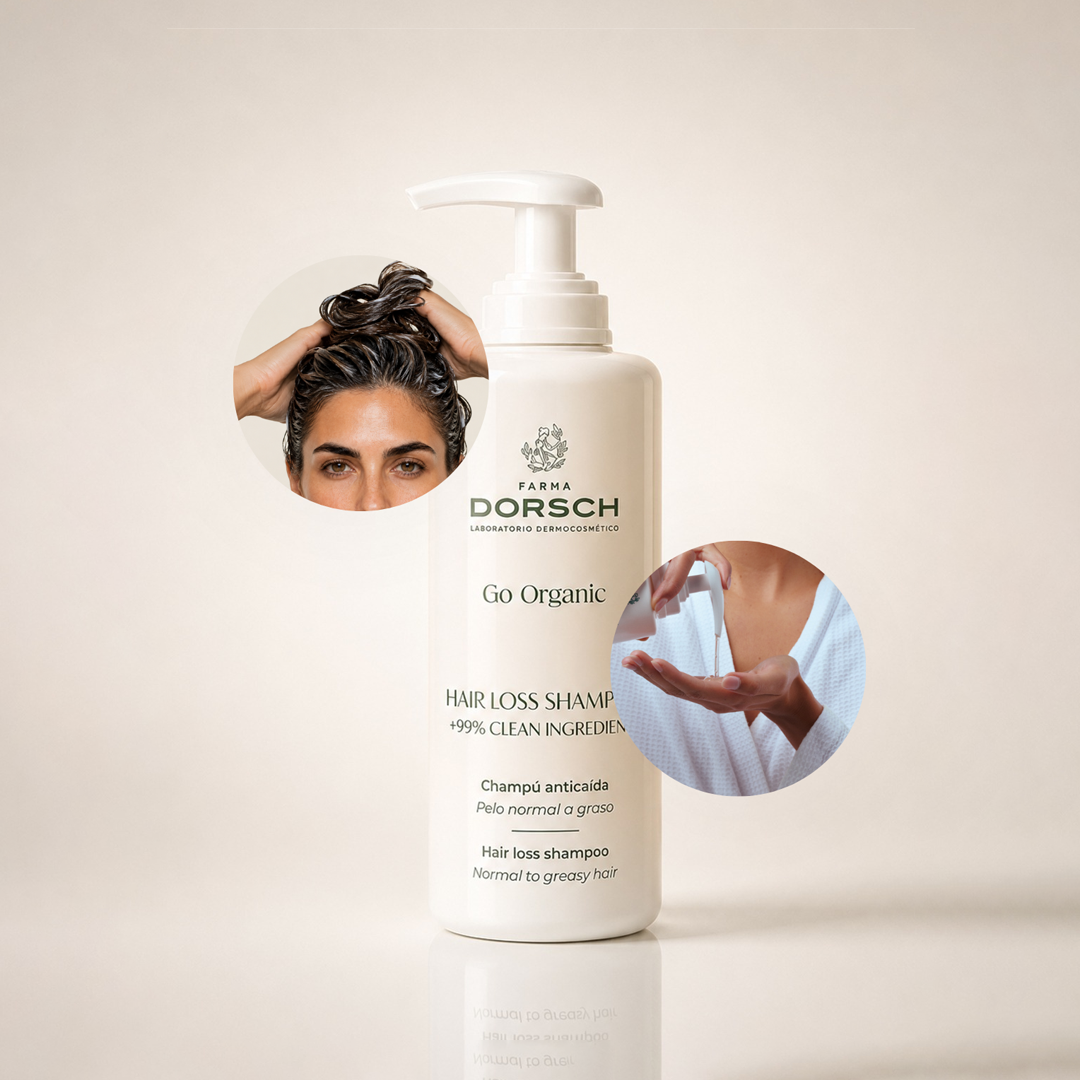 HAIR LOSS SHAMPOO de FARMA DORSCH dentro de una rutina capilar para fortalecer el cabello desde la raíz.