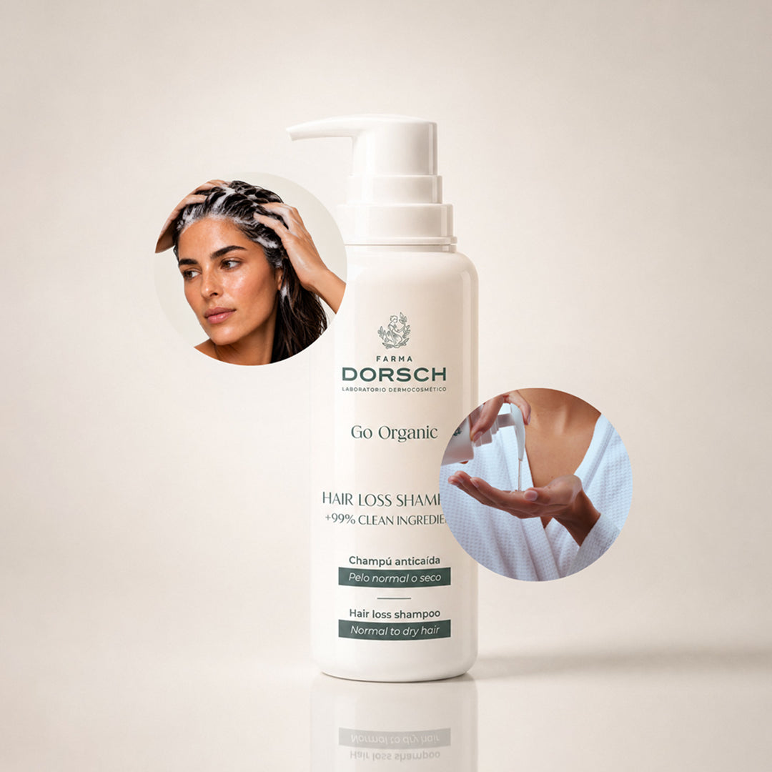 HAIR LOSS SHAMPOO de FARMA DORSCH dentro de una rutina capilar para fortalecer el cabello desde la raíz.