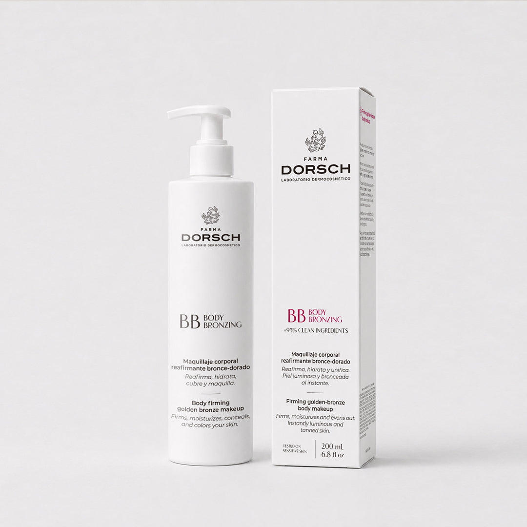 Envase y caja de BODY BRONZING de FARMA DORSCH, tratamiento corporal con color para una piel más uniforme y luminosa.