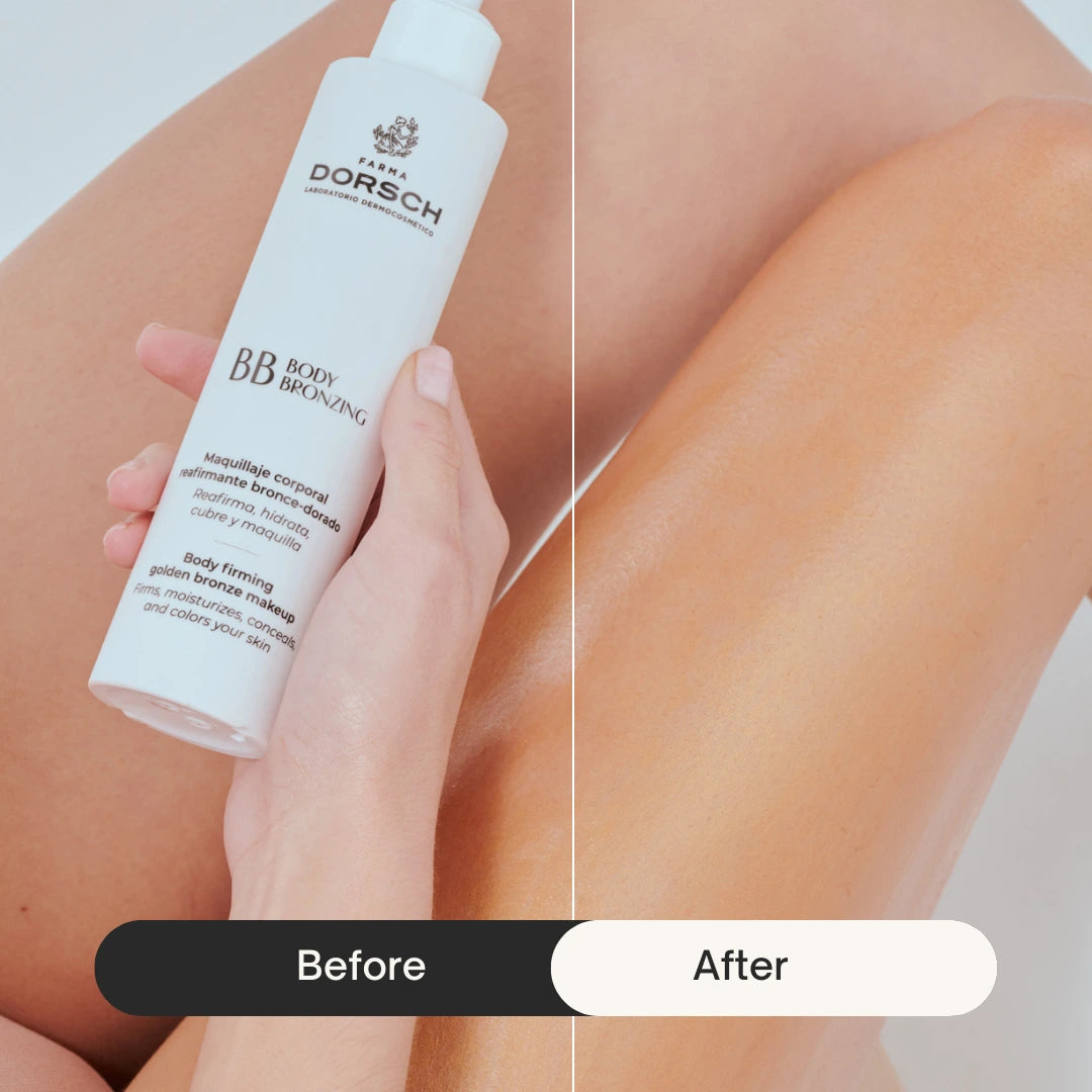antes y después BB Body Bronzing FARMA DORSCH piernas con tono más uniforme y efecto bronceado natural