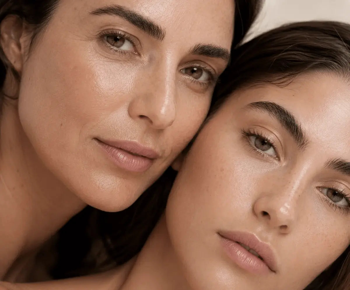 Dos mujeres de distinta edad que quirren saber que productos deben aplicarse para cuidar su piel. Fotografía realizada especialmente para la web de FARMA 
