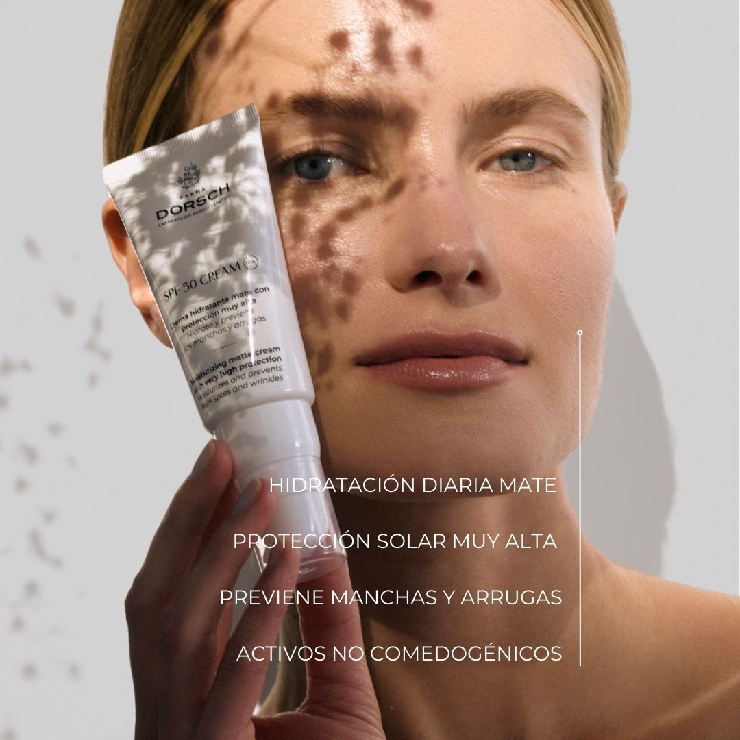 Beneficios del protector solar SPF 50 Cream de Farma Dorsch: hidratación diaria mate, protección solar muy alta frente a rayos UVA y UVB, prevención de manchas y arrugas, con activos no comedogénicos.