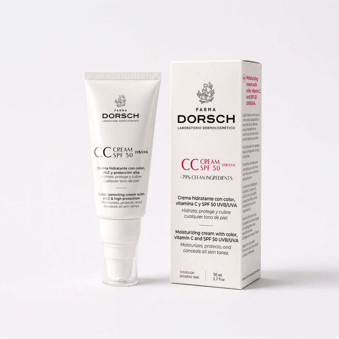 Envase de CC Cream SPF50 de FARMA DORSCH con caja de cuidado facial.