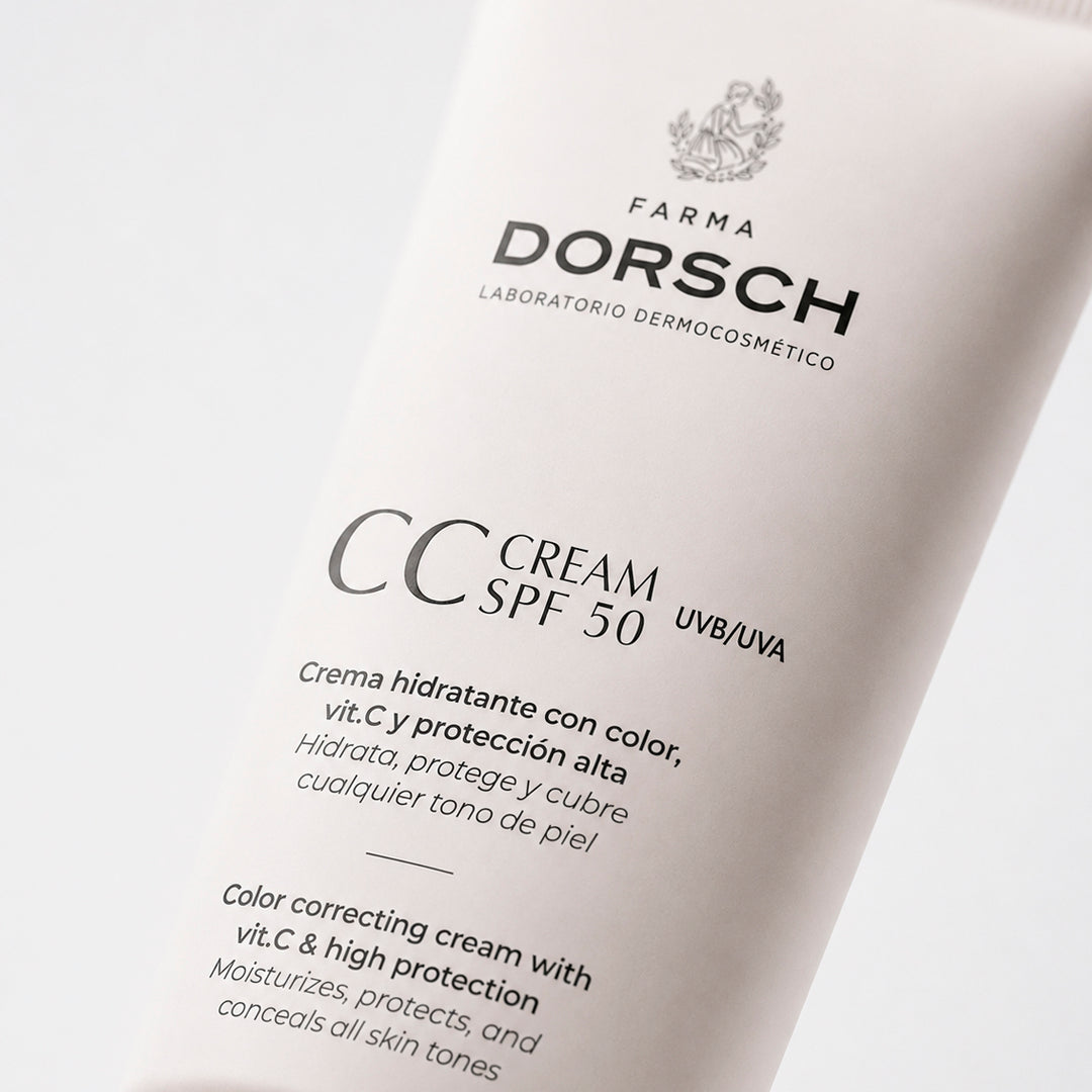Envase de CC Cream SPF50 de FARMA DORSCH de cuidado facial.