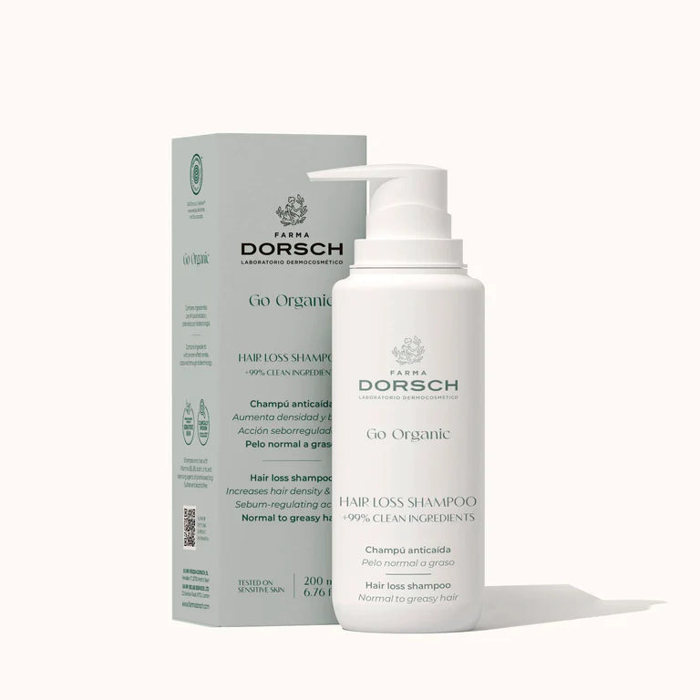 Champu Hair Loss Shampoo de pelo normal a graso de FARMA DORSCH con su caja sobre un fondo blanco