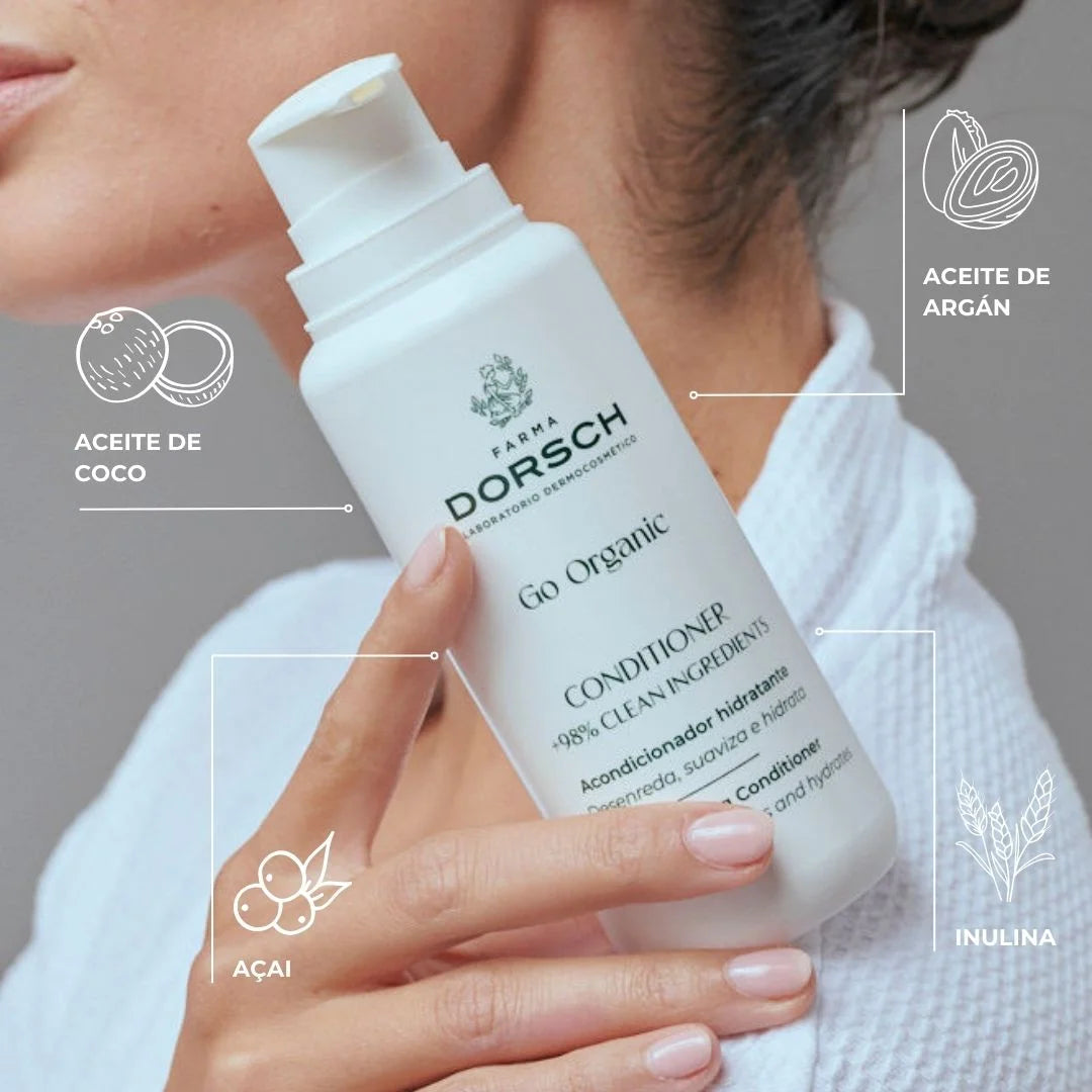 Mujer sosteniendo en su mano derecha y apoyado en el hombre el Conditioner de FARMA DORSCH