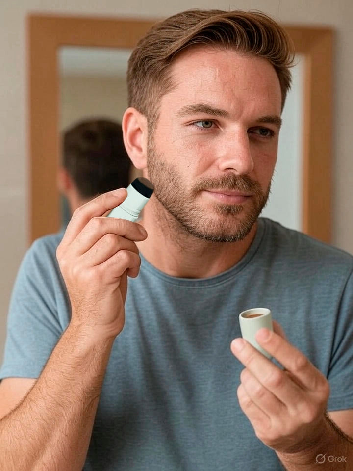 hombre aplicando cubrecanas FARMA DORSCH en la barba para unificar el color de forma natural