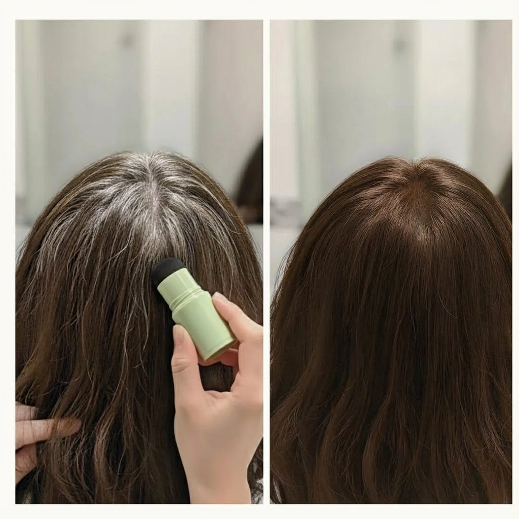 Comparativa antes y después del cabello: a la izquierda, raíces con canas visibles mientras se aplica un producto en la zona; a la derecha, el cabello se ve uniforme, con el color cubierto y un aspecto más cuidado.