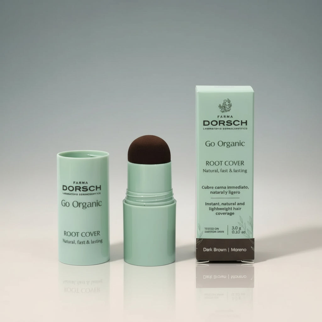 Cubre canas moreno de FARMA DORSCH con su envase y caja en presentación Go Organic