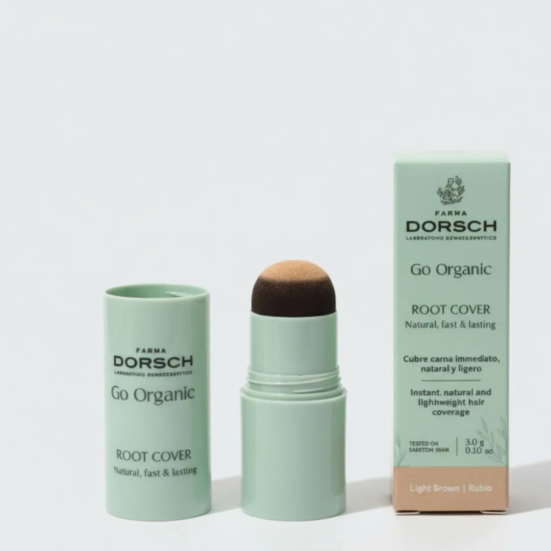 Cubre canas rubio de FARMA DORSCH con su envase y caja en presentación Go Organic