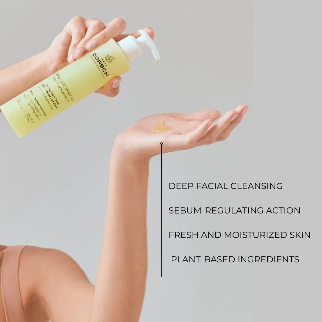 Woman dispensing FARMA DORSCH Dermo Cleanser Gel onto her palm. Benefits shown: deep facial cleansing, sebum-regulating action, fresh and moisturized skin, plant-based ingredients.