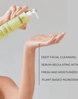Woman dispensing FARMA DORSCH Dermo Cleanser Gel onto her palm. Benefits shown: deep facial cleansing, sebum-regulating action, fresh and moisturized skin, plant-based ingredients.