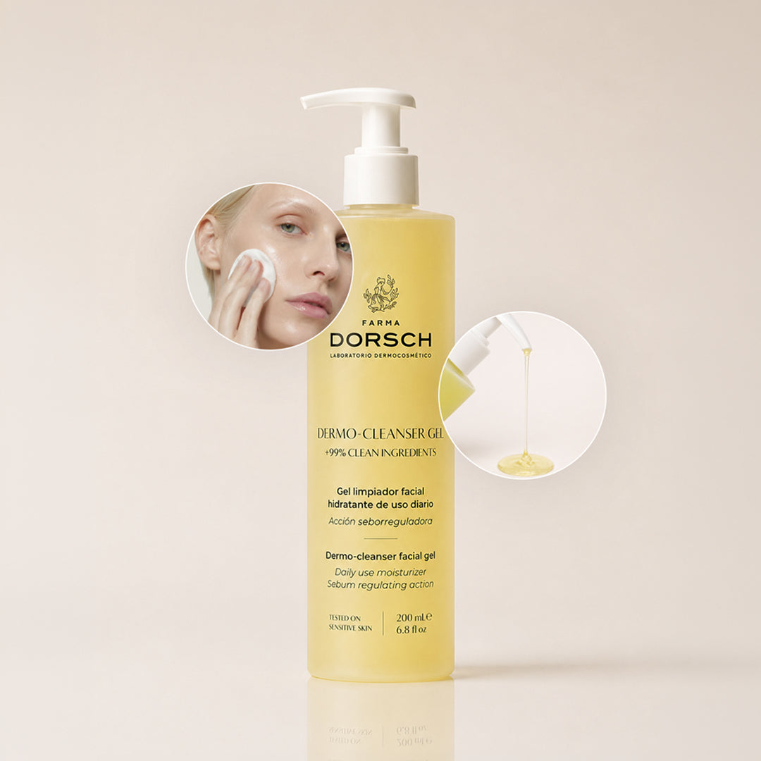 DERMO CLEANSER de FARMA DORSCH dentro de una rutina facial para limpiar, equilibrar y preparar la piel.