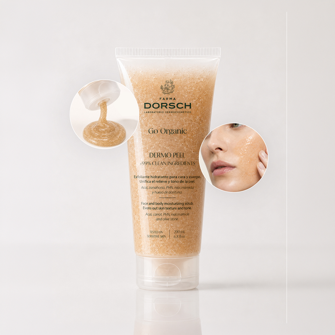 DERMO PEEL de FARMA DORSCH dentro de una rutina corporal para exfoliar, suavizar y preparar la piel.