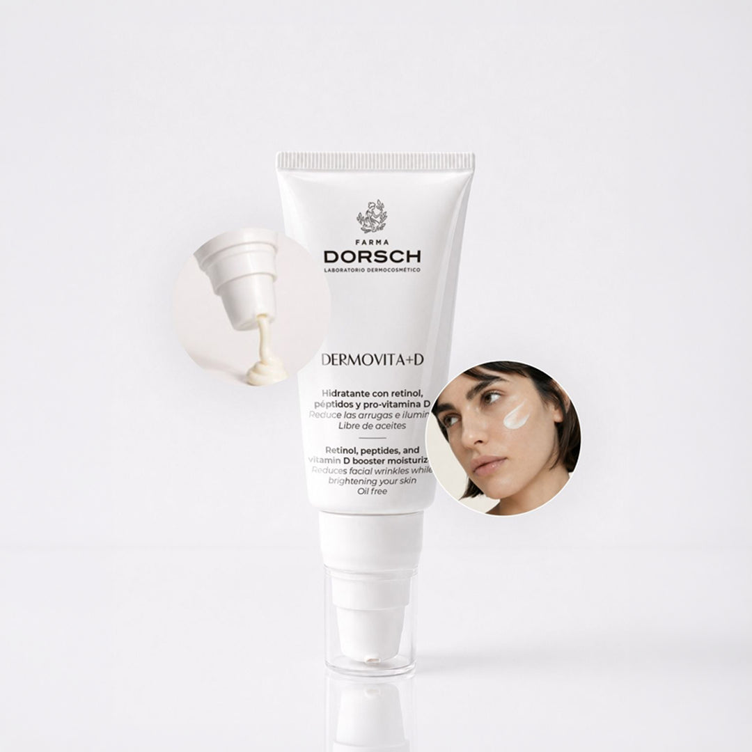 DERMOVITA +D de FARMA DORSCH dentro de una rutina facial antiedad para mejorar arrugas, firmeza y luminosidad.