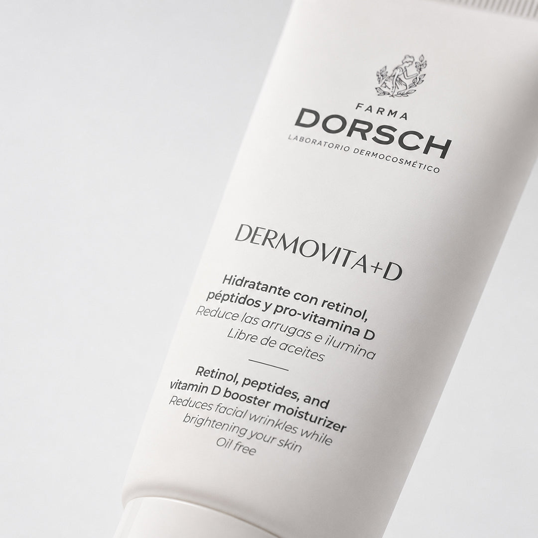 Envase de DERMOVITA +D de FARMA DORSCH, tratamiento facial antiarrugas para piel madura o con signos de la edad.