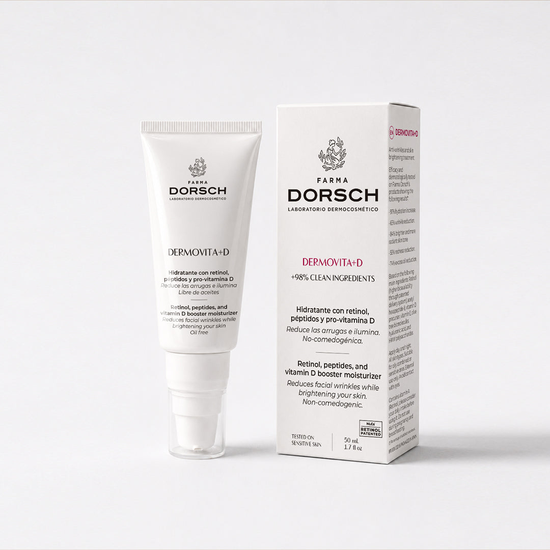 Envase de DERMOVITA +D de FARMA DORSCH, tratamiento facial antiarrugas para piel madura o con signos de la edad.