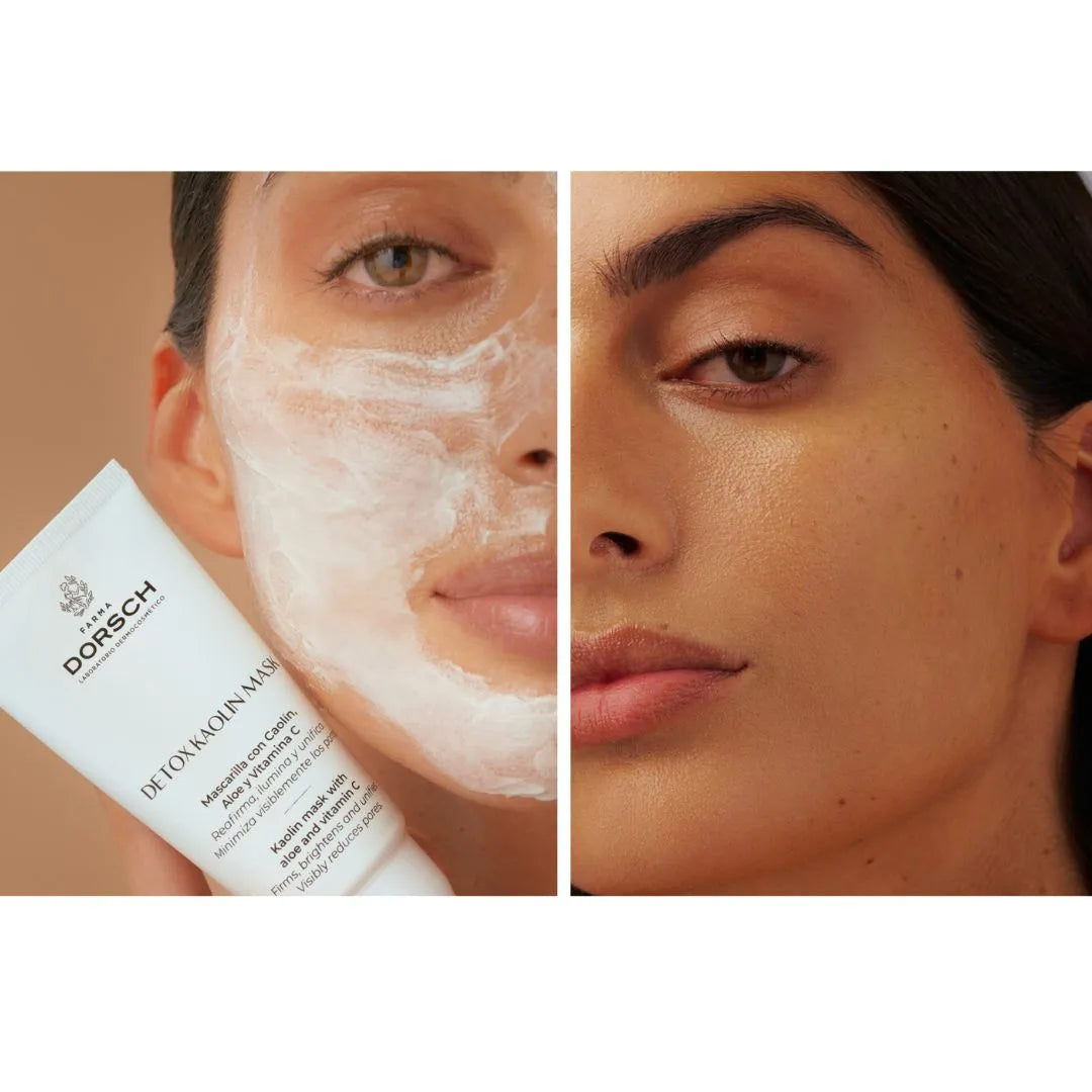 antes y después Detox Kaolin Mask FARMA DORSCH limpieza profunda y piel más purificada y uniforme