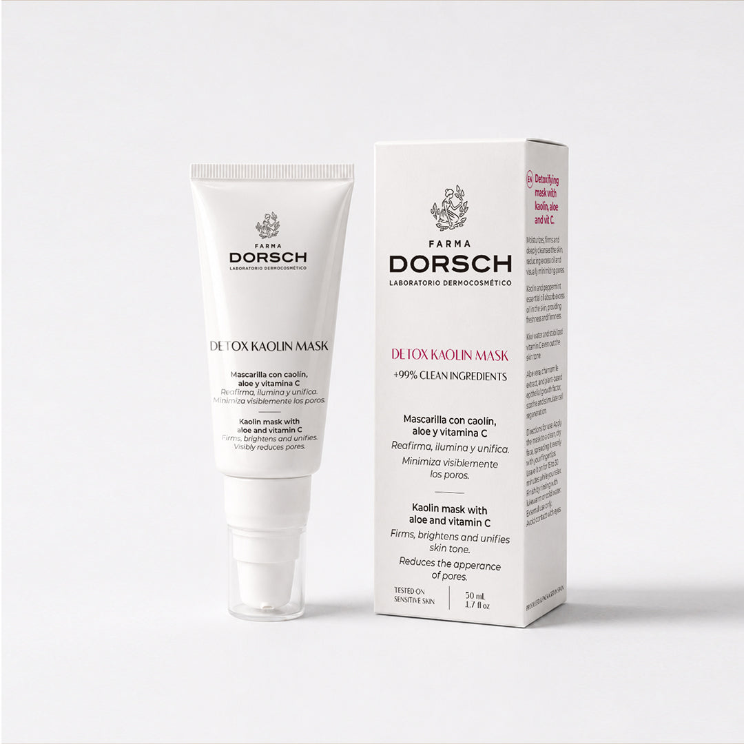 Envase con caja de DETOX KAOLIN MASK de FARMA DORSCH, mascarilla facial detox para piel mixta, grasa o con impurezas.