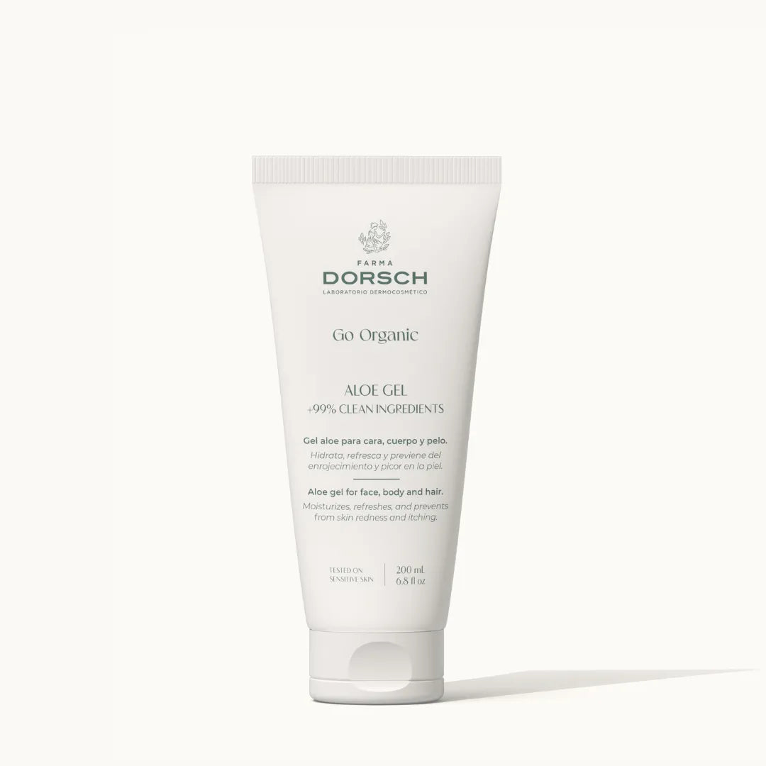 Envase gel de aloe vera ALOE GEL FARMA DORSCH para cara, cuerpo y cabello.