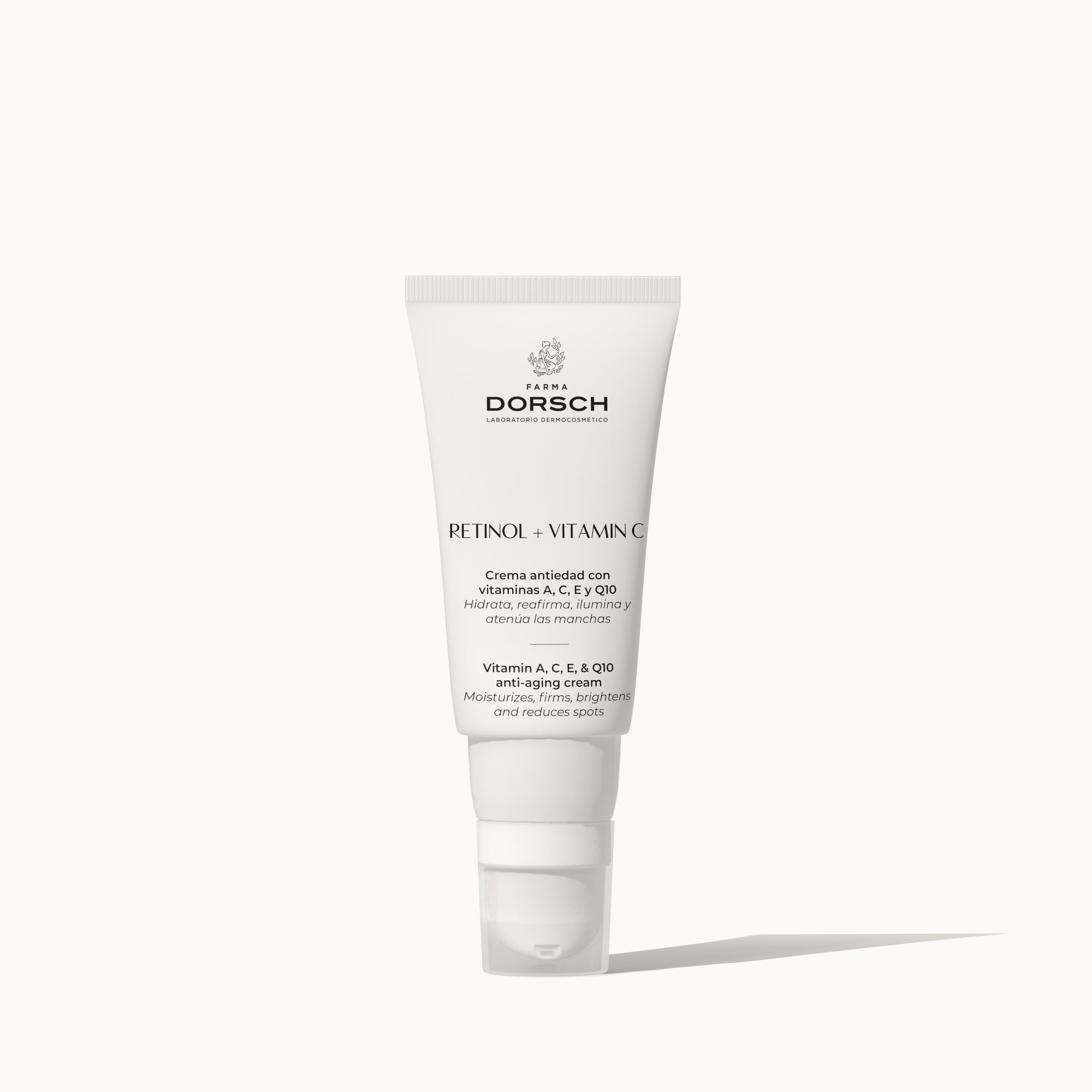 Envase de crema hidratante antiedad con retinol, vitamina C, coenzima Q10 y ceramidas FARMA DORSCH para cara, cuello y escote.