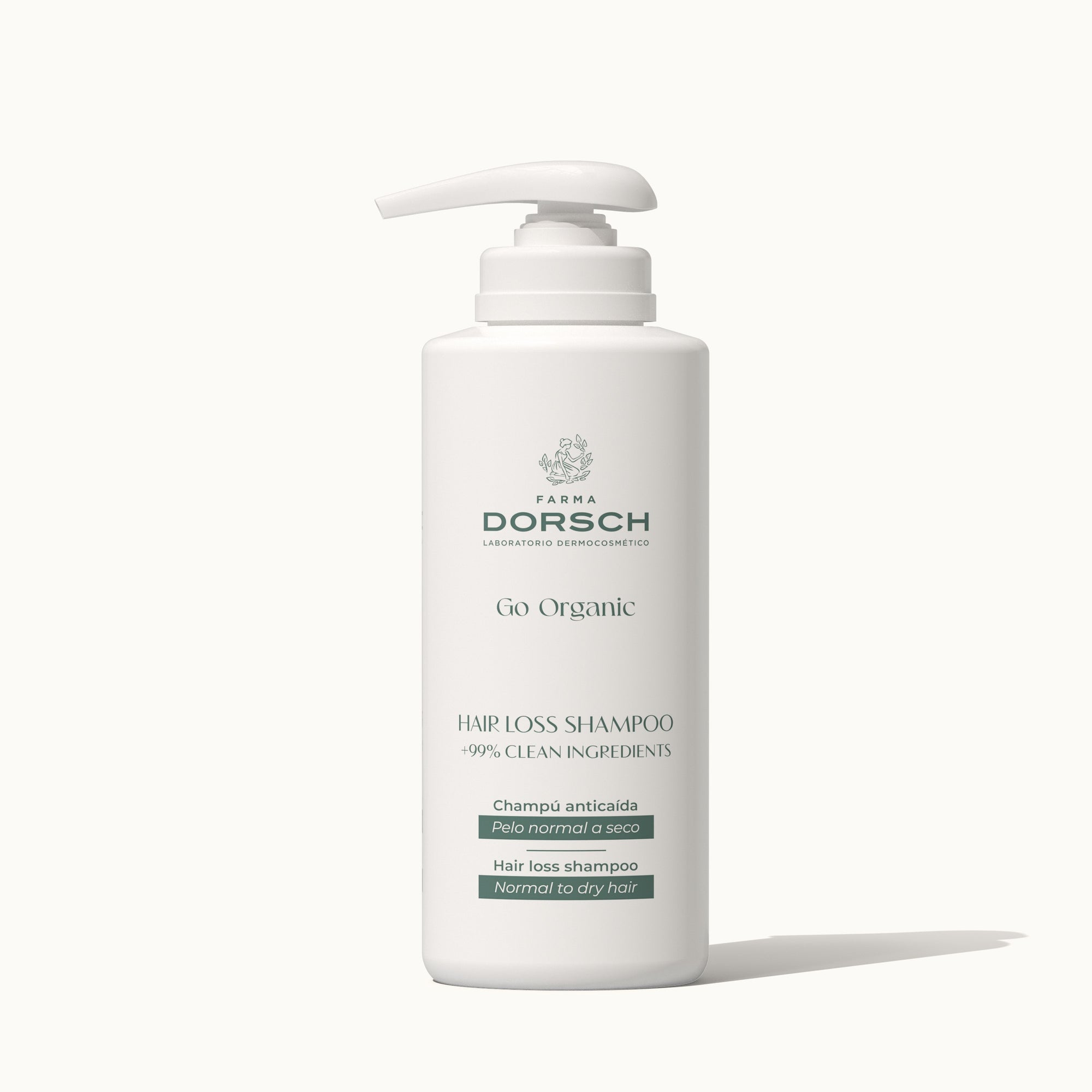 Envase de  champu anticaida capilar para prevenir y tratar la caída con agentes limpiadores, biotina vitaminas B5 y B6, zinc y aceites de coco y argan  FARMA DORSCH para cabellos normales a secos