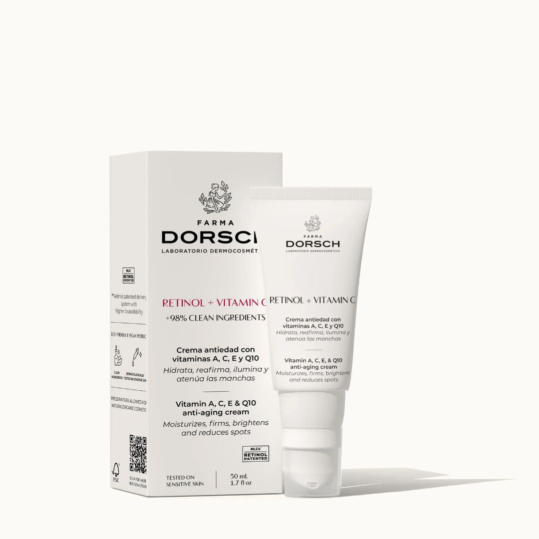 Envase y caja de crema hidratante antiedad con retinol, vitamina C, coenzima Q10 y ceramidas FARMA DORSCH para cara, cuello y escote.