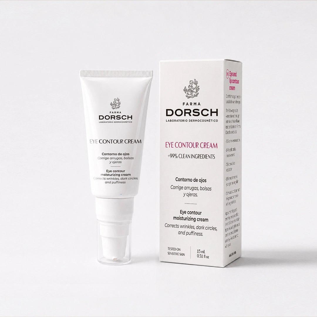 Envase de EYE CONTOUR CREAM de FARMA DORSCH, tratamiento específico para arrugas, bolsas y ojeras del contorno de ojos.