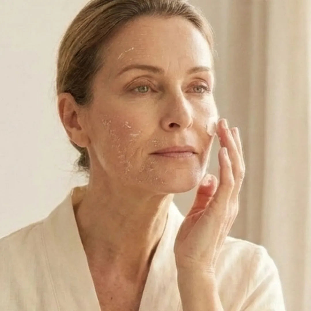 mujer mayor con la piel del rostros seca aplicándose los productos de FARMA DORSCH