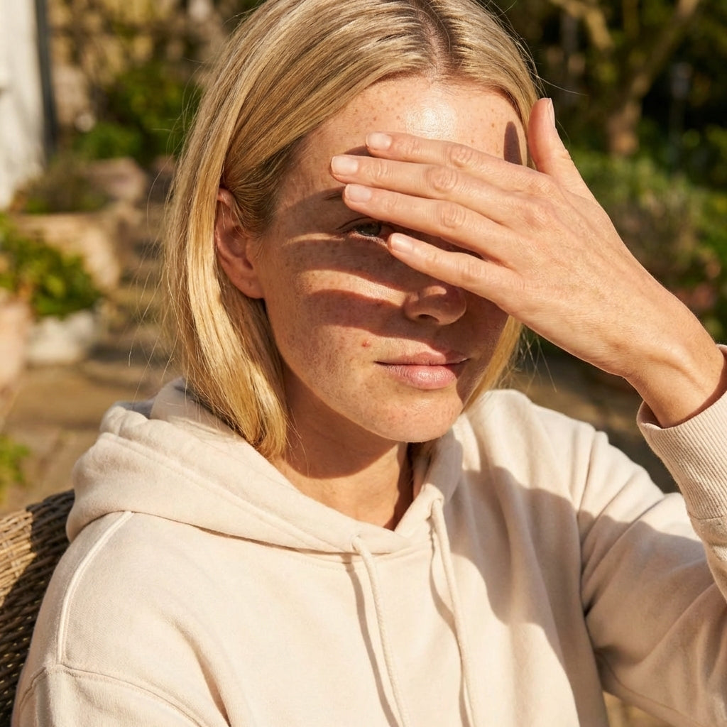 mujer tapándose la cara del sol 