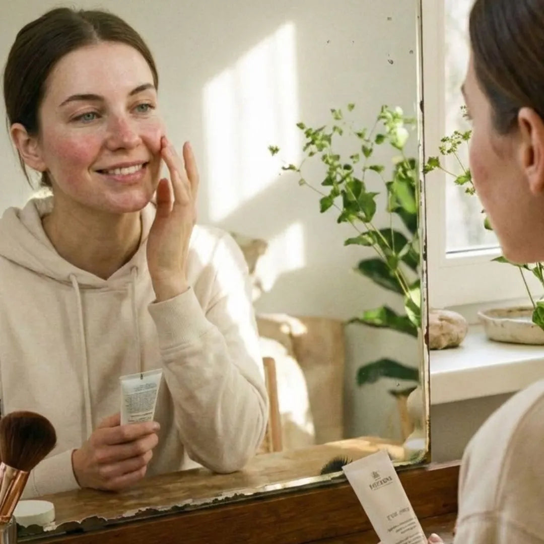 Mujer con la piel del rostro roja aplicándose una crema de FARMA DORSCH