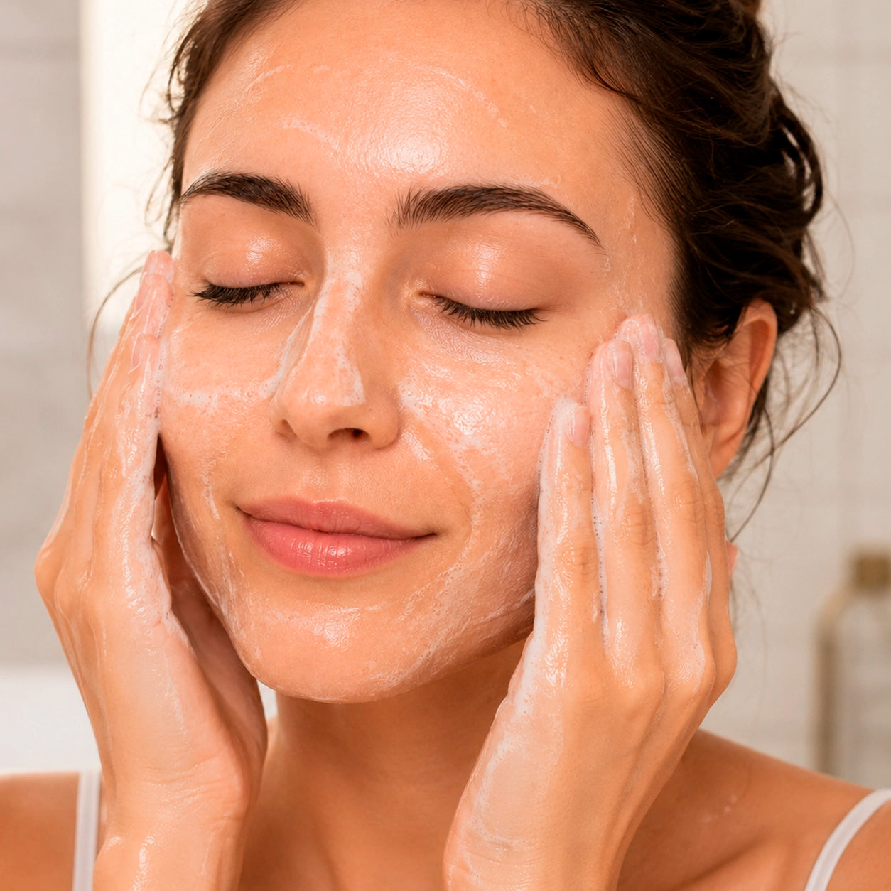 Mujer lavándose la cara con DERMO CLEANSER GEL, gel dermolimpiador con jabón vegetal de FARMA DORSCH