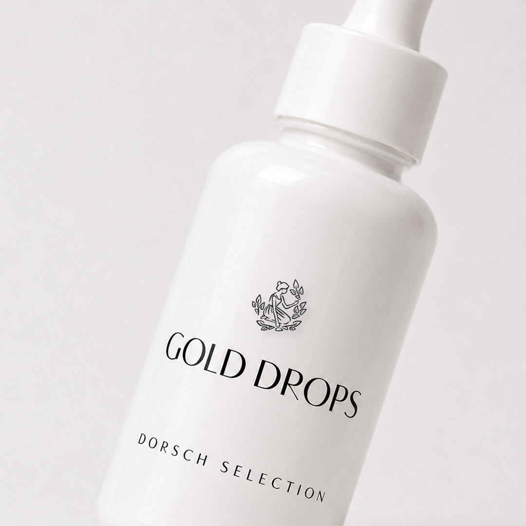 Envase de GOLD DROPS de FARMA DORSCH, aceite seco facial para piel apagada, seca o con signos de la edad.