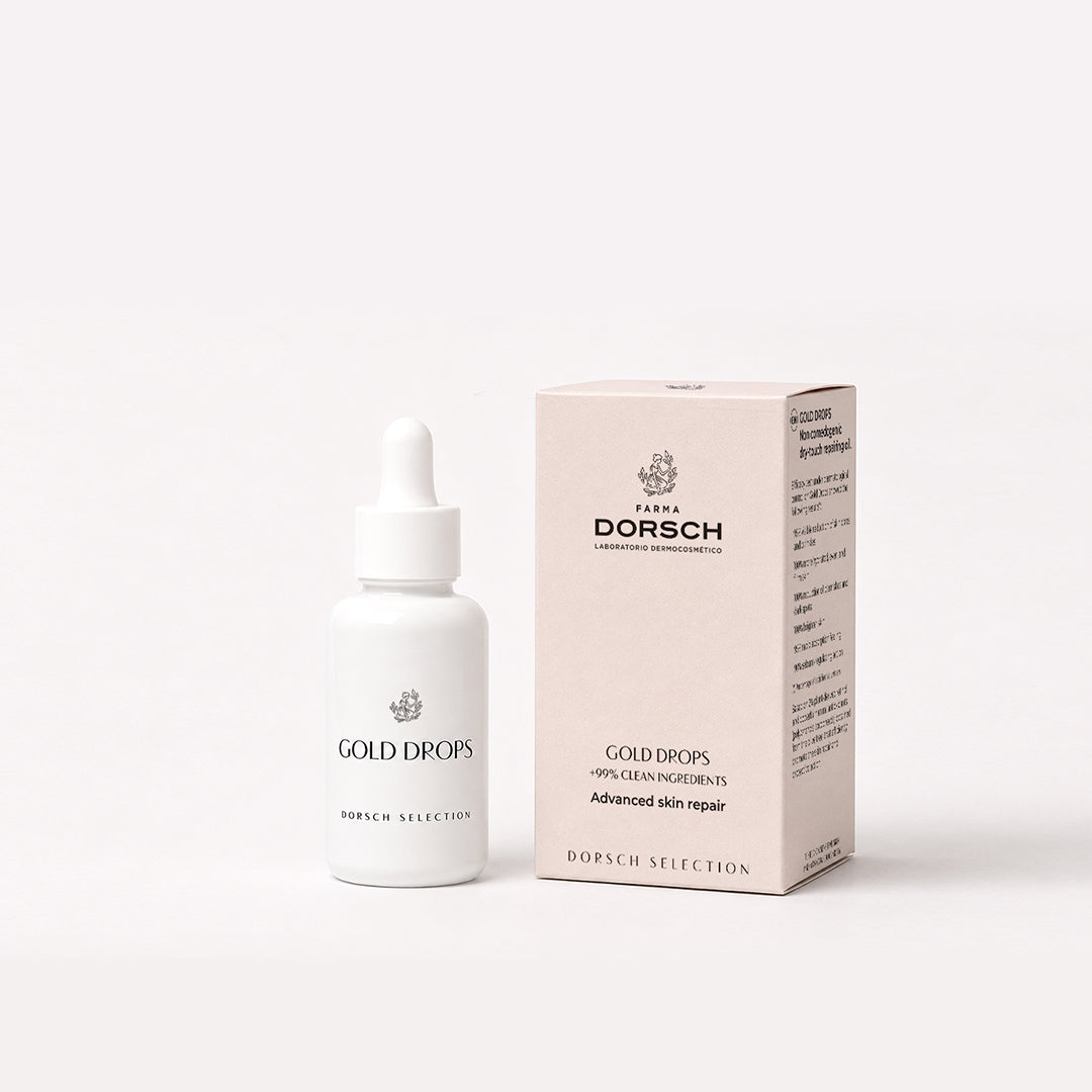 Envase de GOLD DROPS de FARMA DORSCH, aceite seco facial para piel apagada, seca o con signos de la edad.