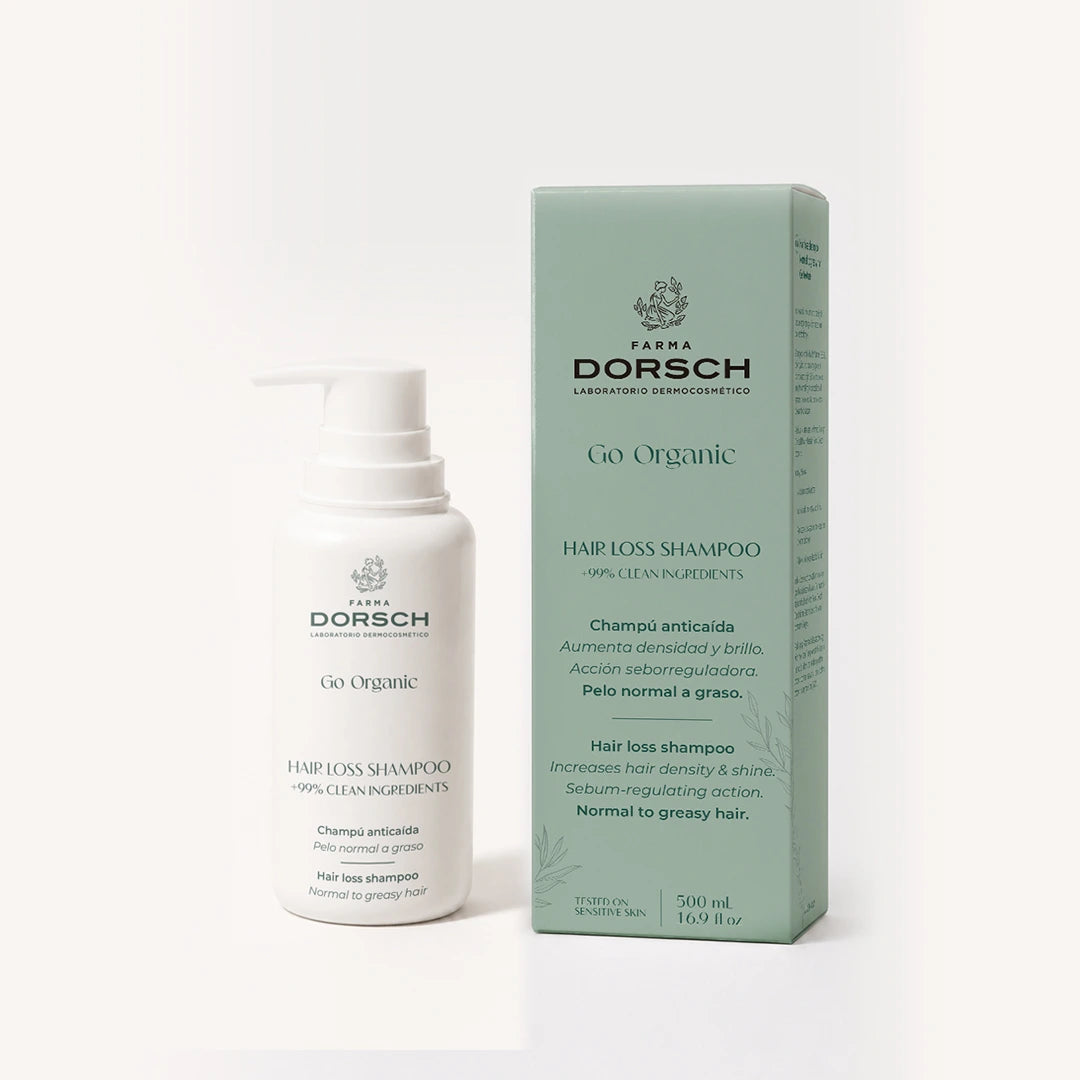 Caja de HAIR LOSS SHAMPOO de FARMA DORSCH 200 ml, champú anticaída para fortalecer el cabello graso y cuidar el cuero cabelludo.