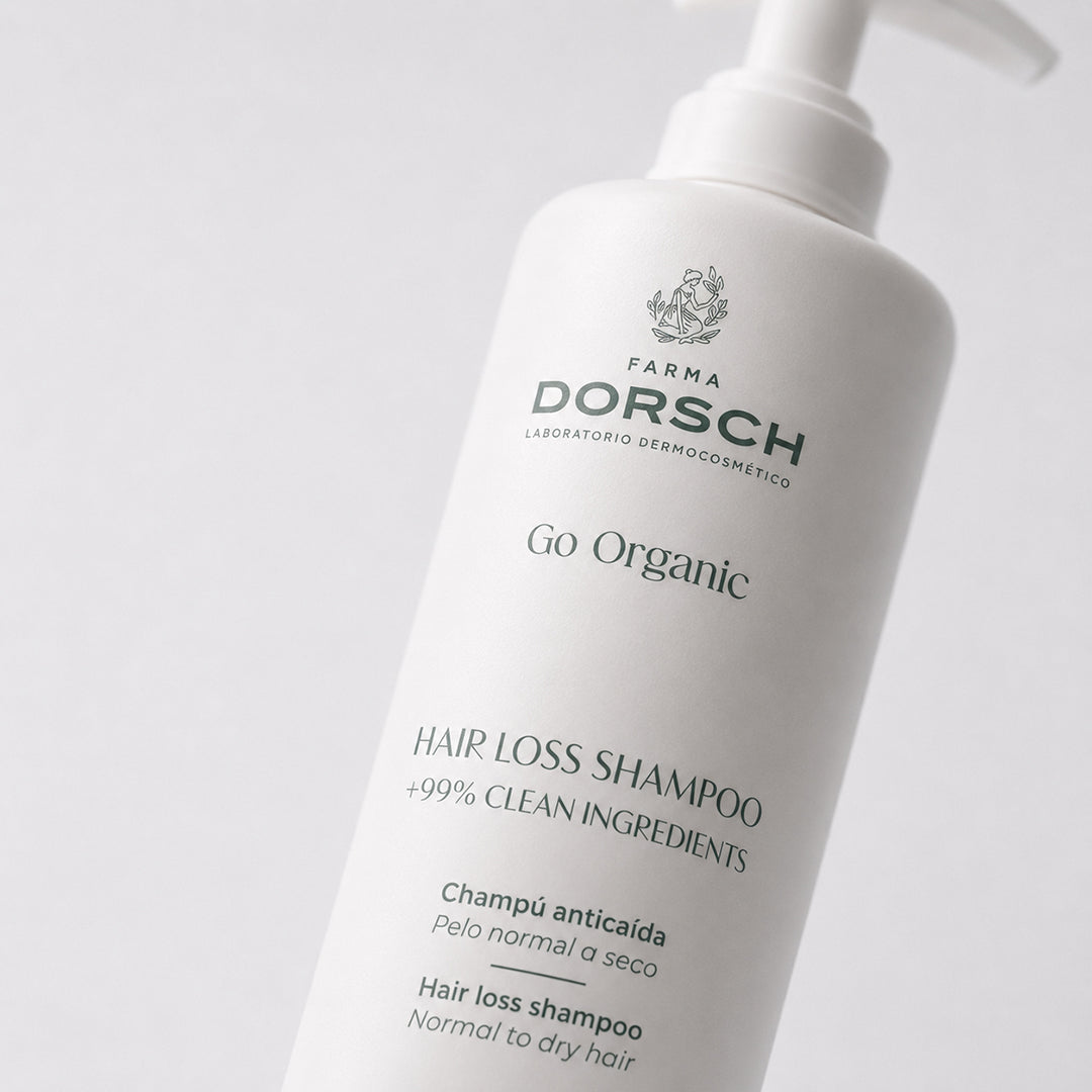Envase de HAIR LOSS SHAMPOO 500 ml de FARMA DORSCH, champú fortalecedor para cabello graso con tendencia a la caída.