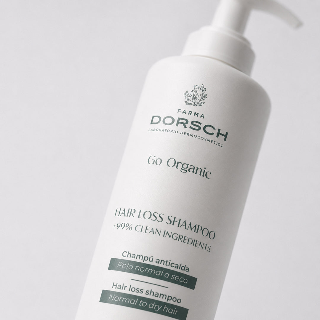 Envase de HAIR LOSS SHAMPOO de FARMA DORSCH, champú fortalecedor para cabello seco con tendencia a la caída.