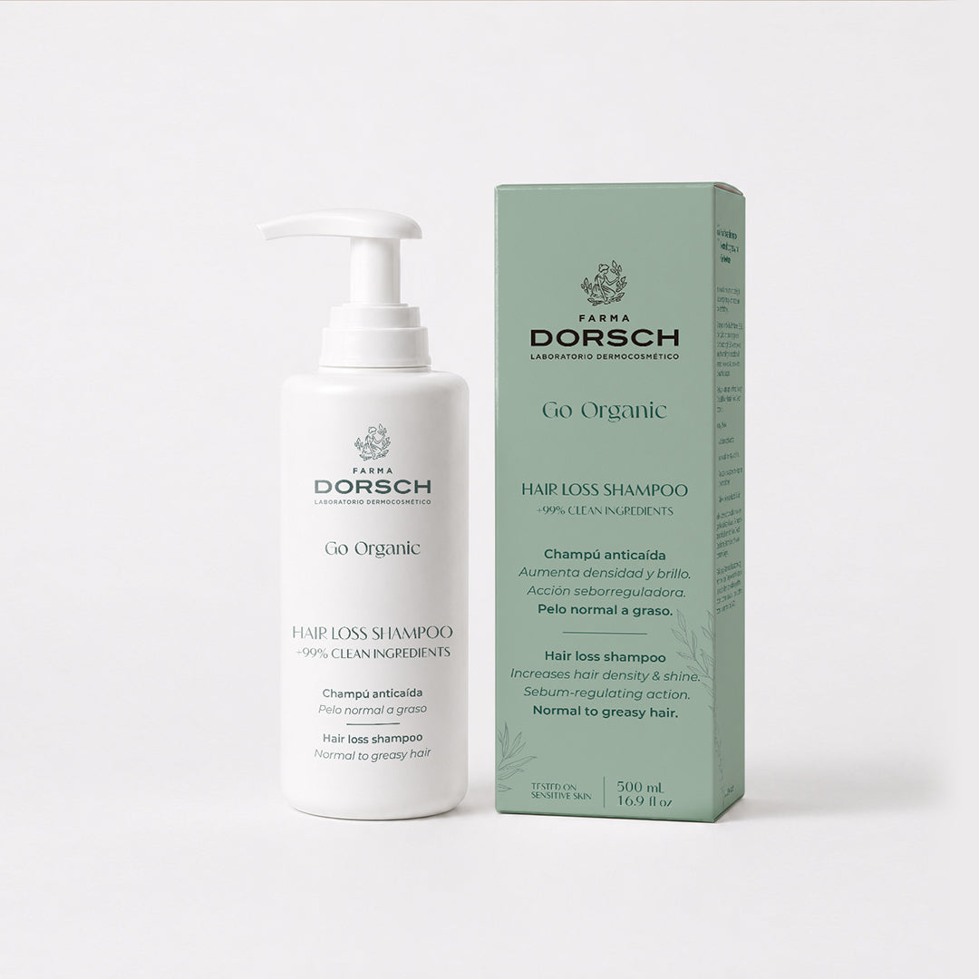 Envase con caja de HAIR LOSS SHAMPOO de FARMA DORSCH, champú fortalecedor para cabello graso con tendencia a la caída.