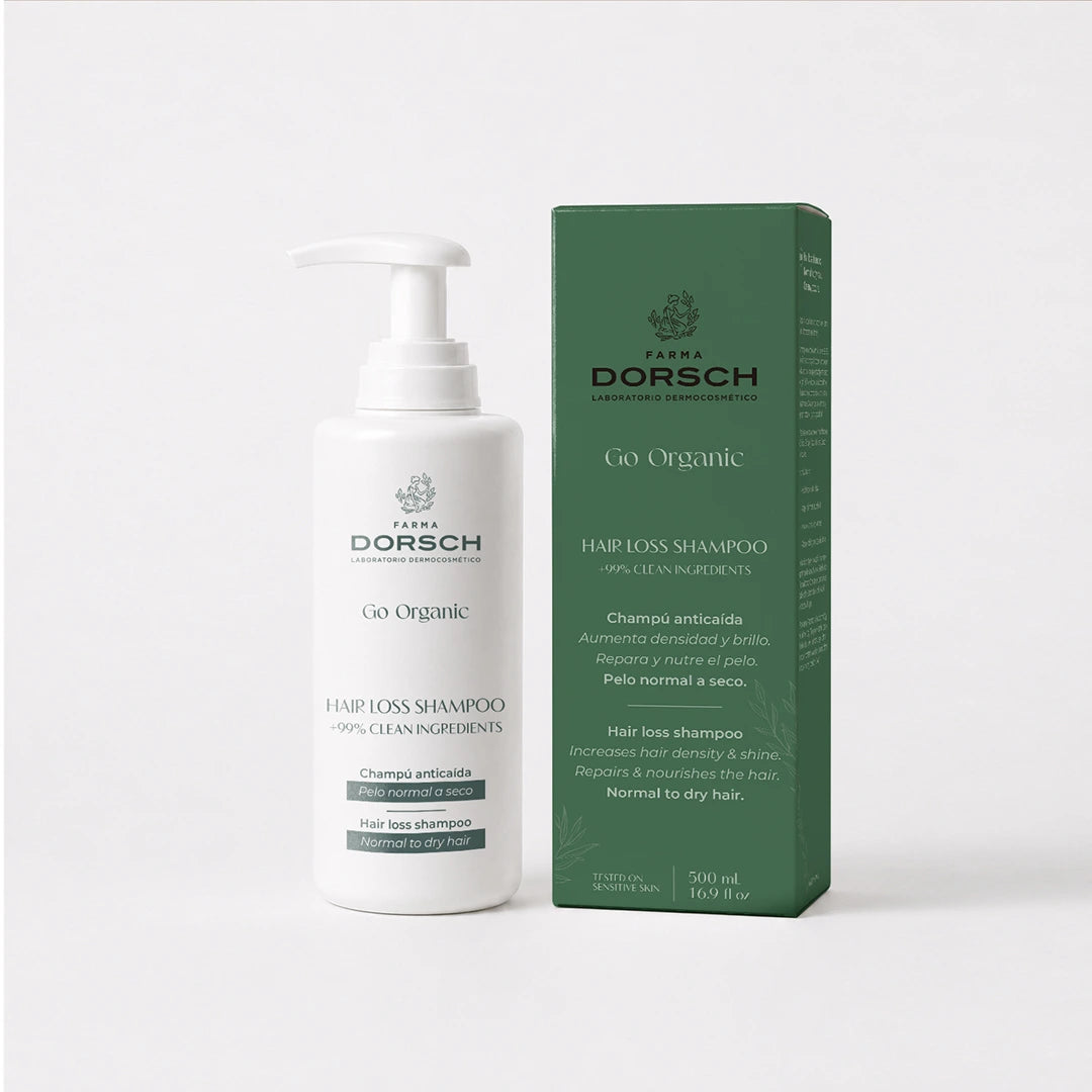 Envase con caja de HAIR LOSS SHAMPOO de FARMA DORSCH, champú fortalecedor para cabello seco con tendencia a la caída.