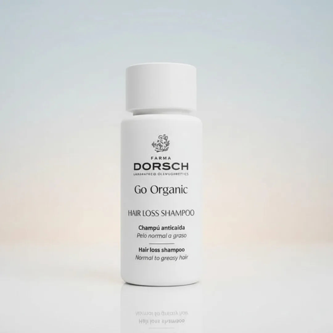 Producto Hair oss Shampoo de pelo normal a graso en tamaño mini talla/ formato viaje de FARMA DORSCH sobre un fondo blanco
