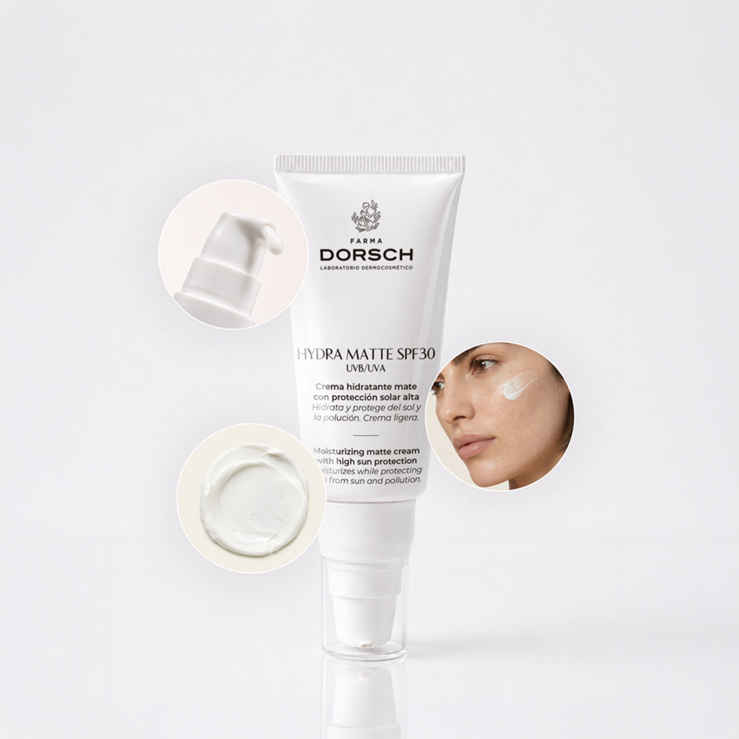 HYDRA MATTE SPF30 de FARMA DORSCH dentro de una rutina facial para hidratar, equilibrar, proteger del sol y matificar la piel.