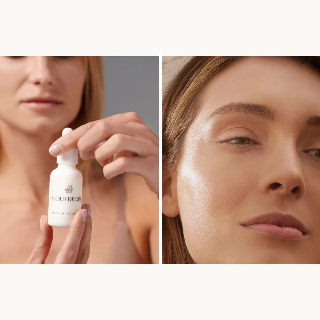 mujer aplicando Gold Drops FARMA DORSCH con gotero y resultado de piel luminosa y uniforme