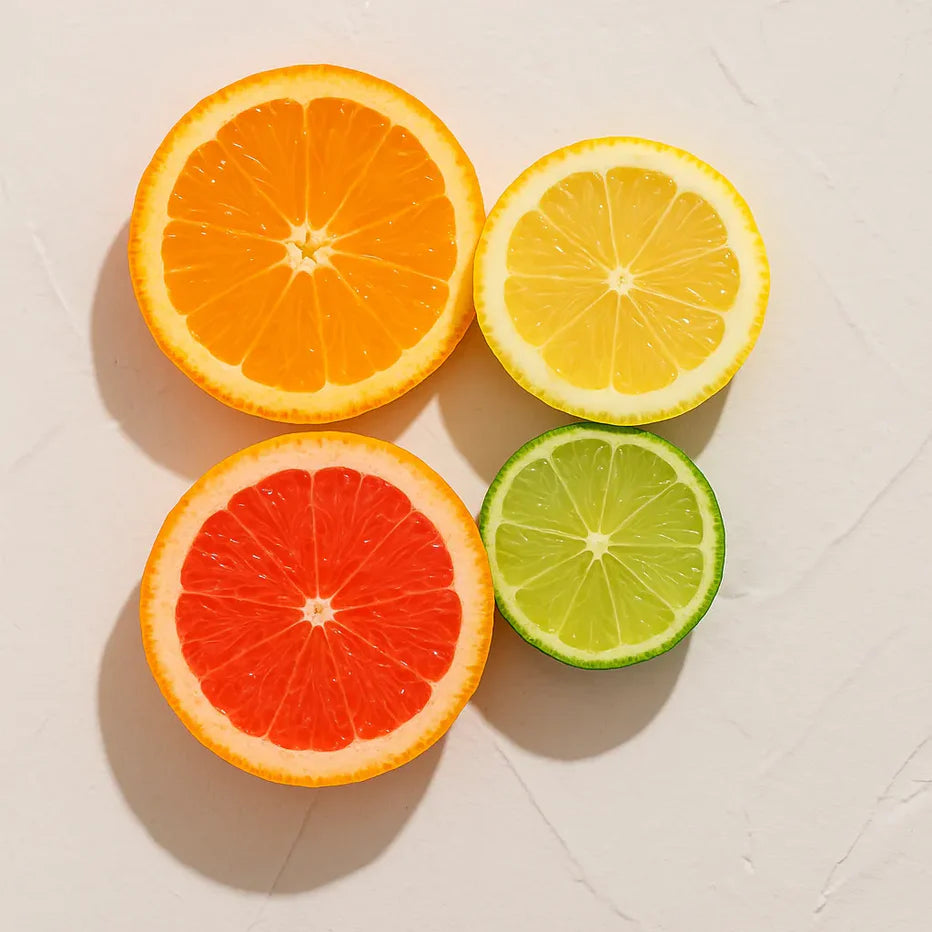 Rodajas de naranja limón pomelo y lima Ingrediente activo Alfahidroxiácidos AHAs de Cítricos Farma Dorsch para exfoliación renovación y luminosidad de la piel sobre fondo blanco texturizado en cosmética natural española