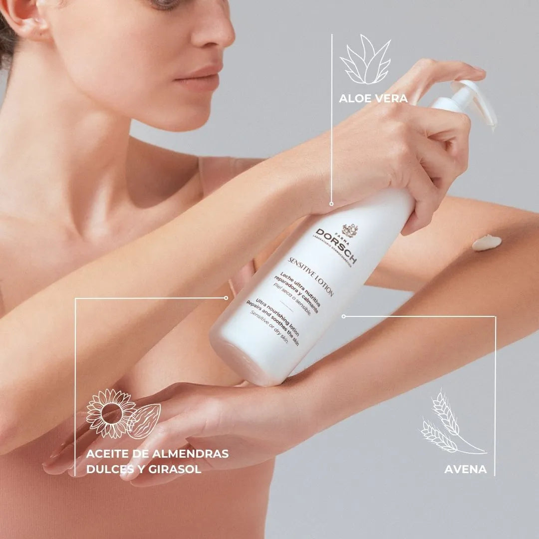 Ingredientes principales de Sensitive Lotion de Farma Dorsch: aloe vera, avena, y aceites de almendras dulces y girasol. Persona aplicando el producto en el brazo.
