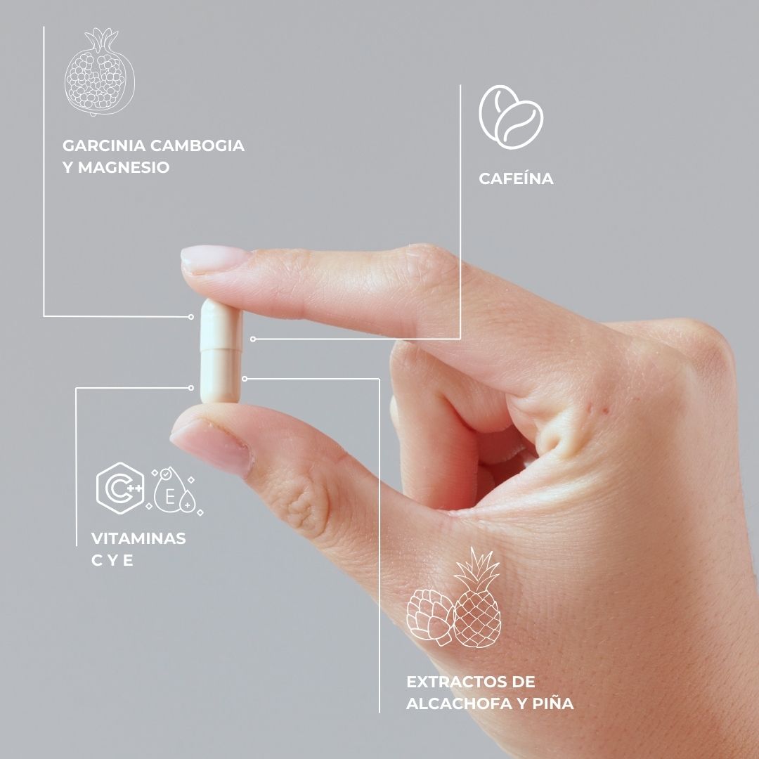 Cápsula del complemento Slim & Firm de Farma Dorsch sostenida por una mano, acompañada de los ingredientes clave como vitamina C, cafeína, cúrcuma, y extractos de alcachofa y fresa.

