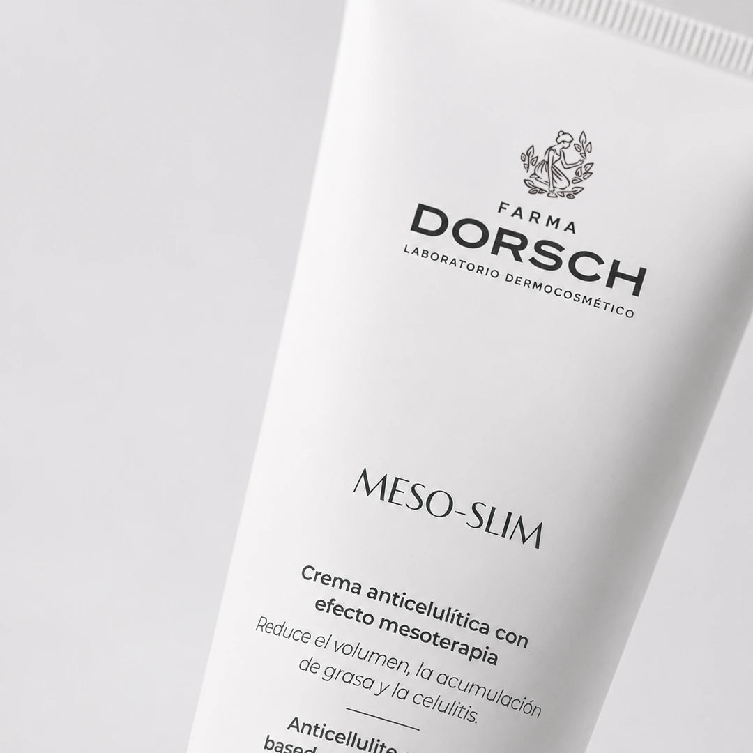 Envase de MESO SLIM de FARMA DORSCH, tratamiento corporal para cuidar la silueta y mejorar la firmeza de la piel.