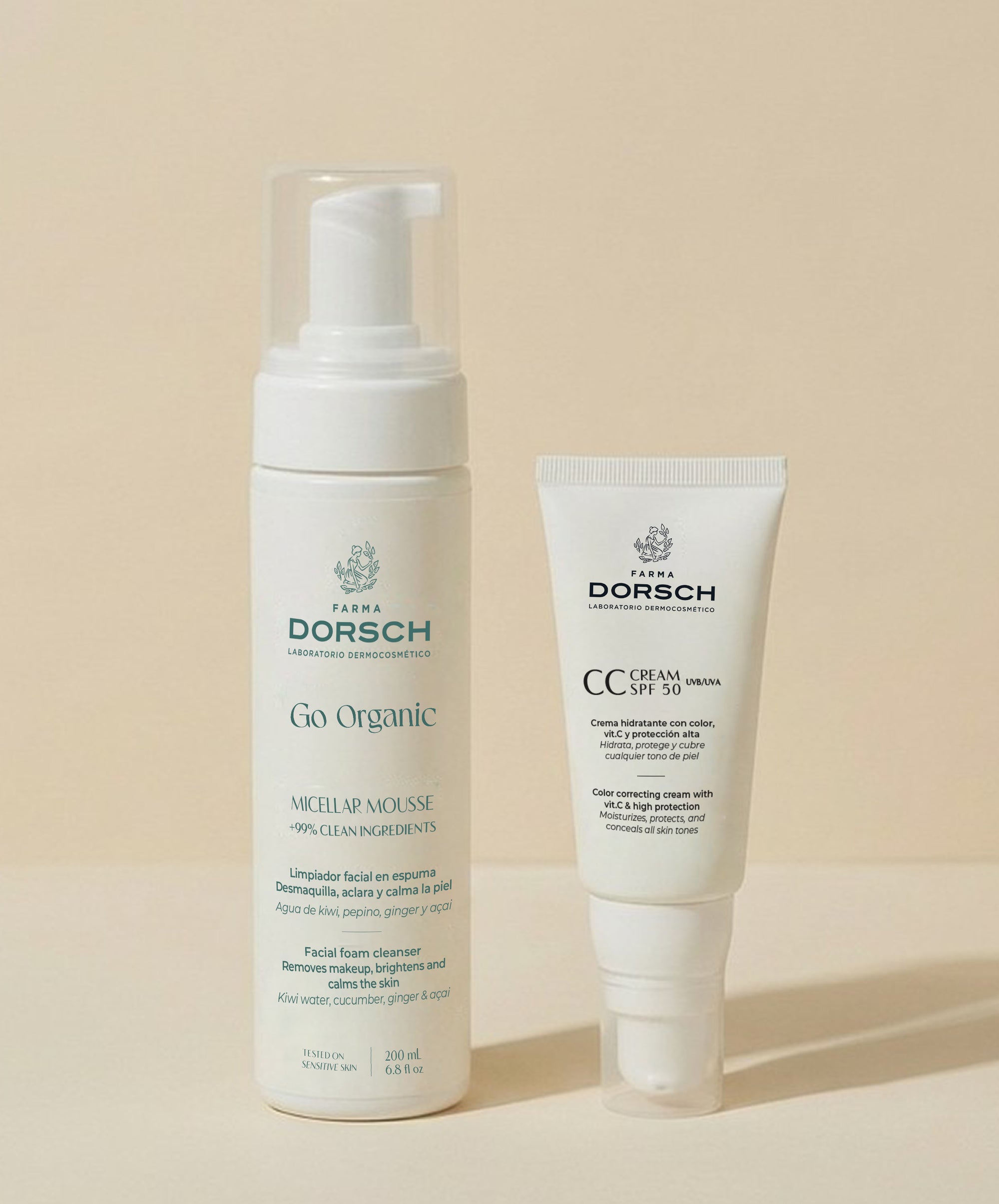 pack de dos productos de farma dorsch. Un bote de la cc cream de farma dorsch y el desmaquillamete micellar mouse de farma dorsch