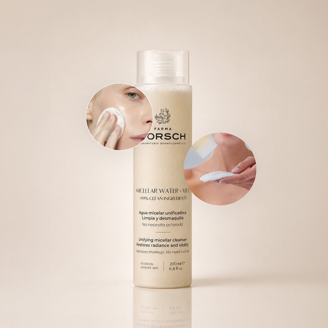 MICELLAR WATER de FARMA DORSCH dentro de una rutina facial para limpiar, desmaquillar y preparar la piel.