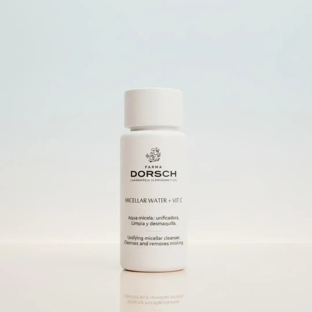 Producto Micellar Water +VIT C en tamaño mini talla/ formato viaje de FARMA DORSCH sobre un fondo blanco