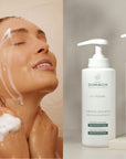 Mujer usando HAIR LOSS SHAMPOO de FARMA DORSCH para fortalecer el cabello y reducir la caída.
